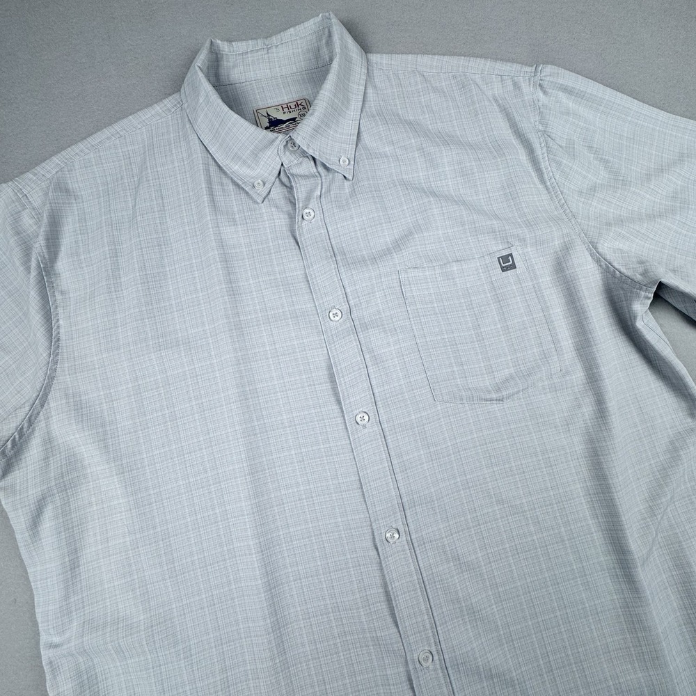 Huk Fishing Kona Button Shirt Men XXL Gray Plaid Short Sleeve Performance